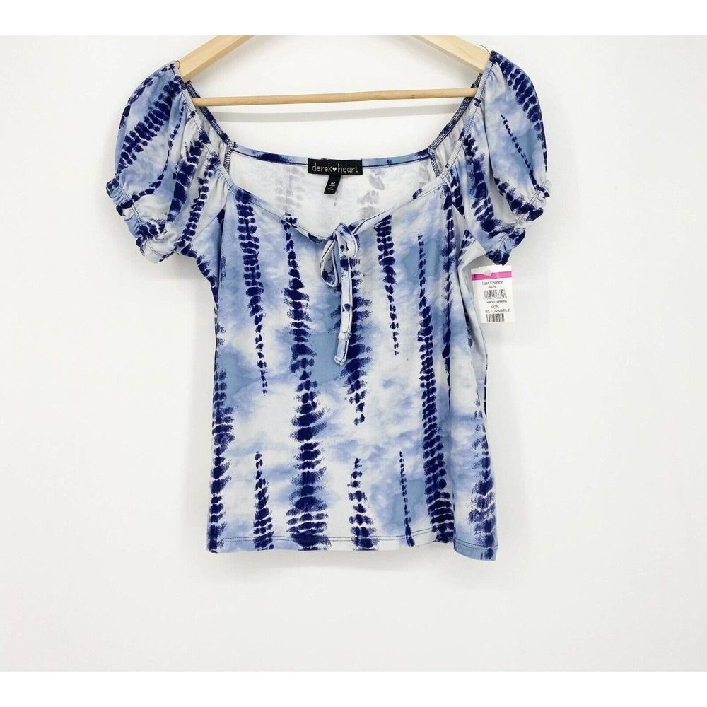 Derek Heart Blue Striped Tie Dye Tie Square Neck Short Puff Sleeve Shirt Medium
